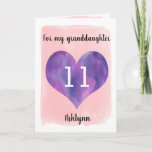 Purple Pink 11th Birthday Granddaughter Kaart<br><div class="desc">A personalized pink and purple happy 11th birthday granddaughter card that features a watercolor heart against a pink watercolor. You can personalize the watercolor heart with the age you need and add her name underneath the heart. The inside card message reads a birthday message, which can also be personalized if...</div>