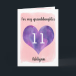 Purple Pink 11th Birthday Granddaughter Kaart<br><div class="desc">A personalized pink and purple happy 11th birthday granddaughter card that features a watercolor heart against a pink watercolor. You can personalize the watercolor heart with the age you need and add her name underneath the heart. The inside card message reads a birthday message, which can also be personalized if...</div>