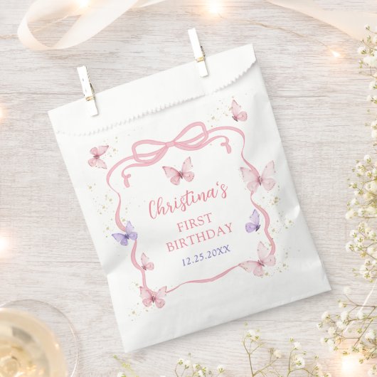 Purple Pink Bow Butterfly Birthday Party Bedankzakje (Geknipt)