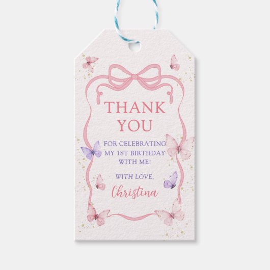 Purple Pink Bow Butterfly Birthday Party Cadeaulabel (Voorkant)