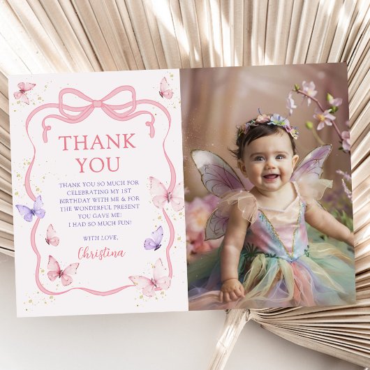 Purple Pink Bow Butterfly Birthday Party Photo Bedankkaart
