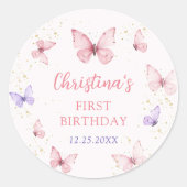 Purple Pink Bow Butterfly Birthday Party Ronde Sticker (Voorkant)