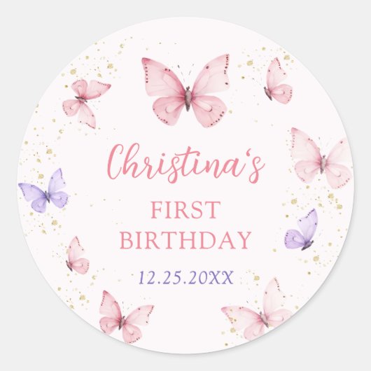 Purple Pink Bow Butterfly Birthday Party Ronde Sticker (Voorkant)