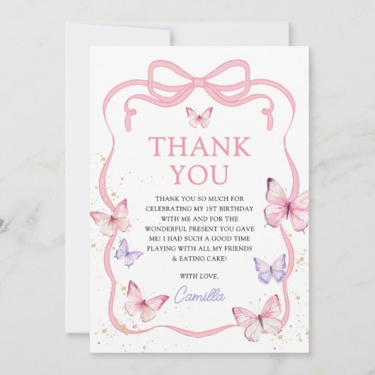 Purple Pink Bow Butterfly Girl Birthday Party Bedankkaart (Voorkant)