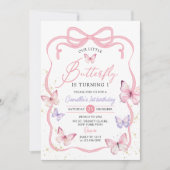 Purple Pink Bow Butterfly Girl Birthday Party Kaart (Voorkant)