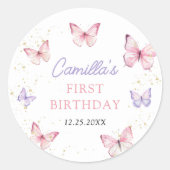 Purple Pink Bow Butterfly Girl Birthday Party Ronde Sticker (Voorkant)