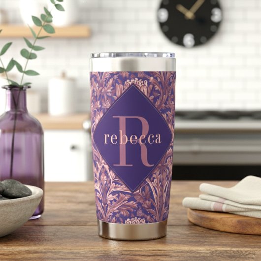 Purple Pink Floral William Morris Elegant Monogram Geïsoleerde Drinkbeker