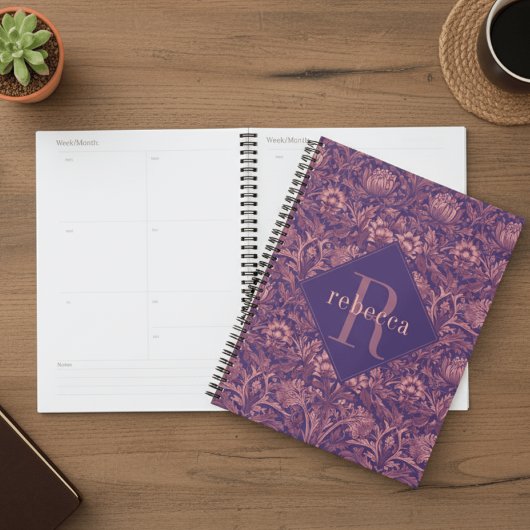 Purple Pink Floral William Morris Elegant Monogram Planner