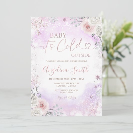 Purple Pink It’s Cold Outside Winter Baby Shower  Kaart (Staand voorkant)