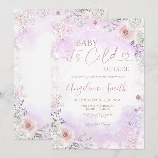 Purple Pink It’s Cold Outside Winter Baby Shower  Kaart (Voorkant / Achterkant)
