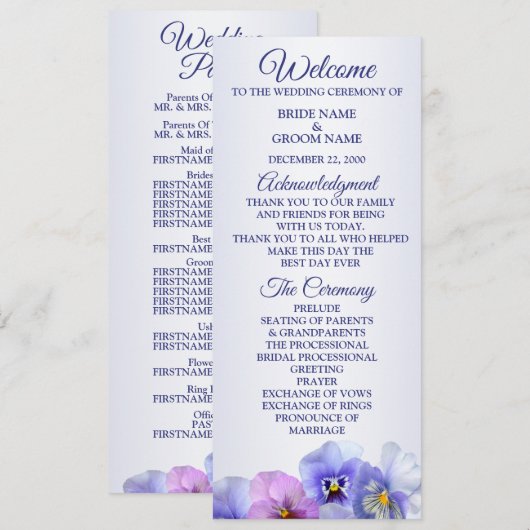 Purple Pink Lilac Pansy Floral Rustic Wedding Programmakaart (Voorkant / Achterkant)