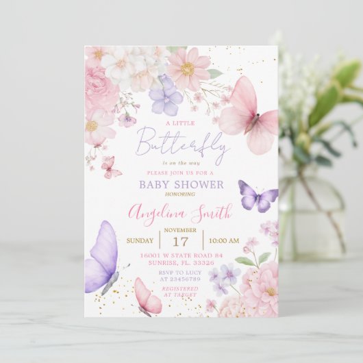 Purple & Pink Little Butterfly Floral Baby Shower Kaart (Staand voorkant)