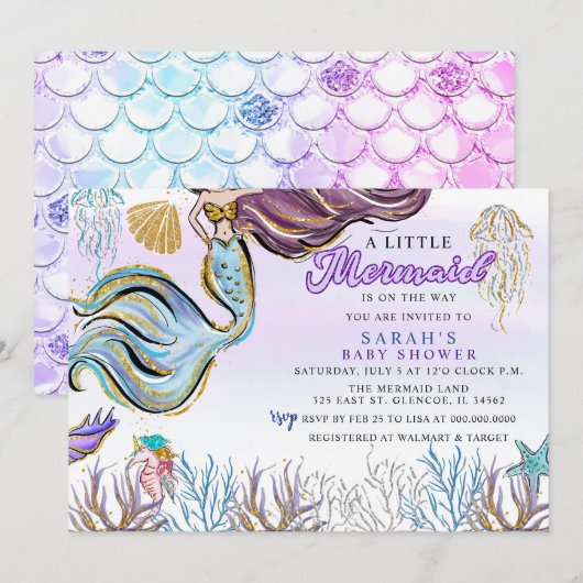 Purple Pink Modern Glitter Mermaid Baby Shower Kaart (Voorkant / Achterkant)