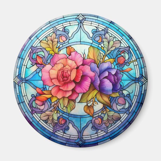 Purple & Pink Rose Floral Faux Stained-Glass Magneet (Voorkant)