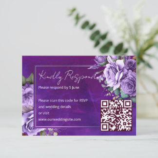 Purple pink vintage roses elegant wedding RSVP car Kaartje