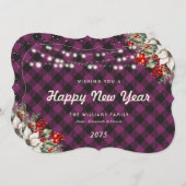 Purple Plaid Botanical String Lights New Year Card Feestdagenkaart (Voorkant / Achterkant)