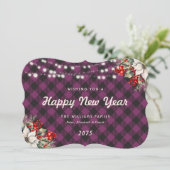 Purple Plaid Botanical String Lights New Year Card Feestdagenkaart (Staand voorkant)