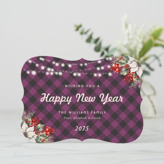 Purple Plaid Botanical String Lights New Year Card Feestdagenkaart (Staand voorkant)