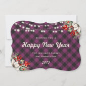 Purple Plaid Botanical String Lights New Year Card Feestdagenkaart (Voorkant)