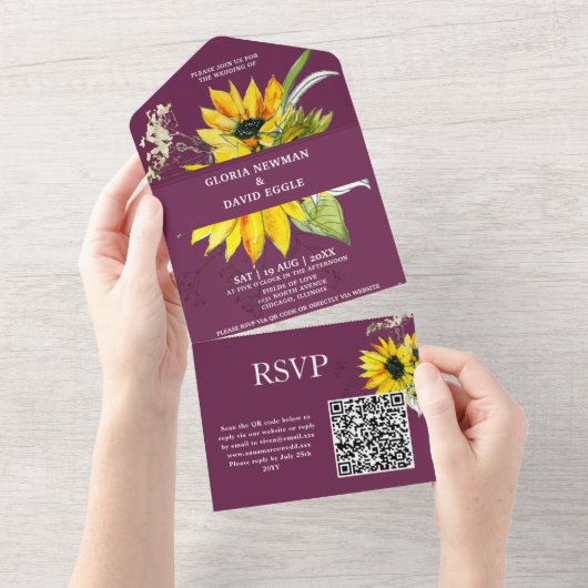 Purple Plum Sunflower QR Code All In One Uitnodiging (Afscheurbaar)