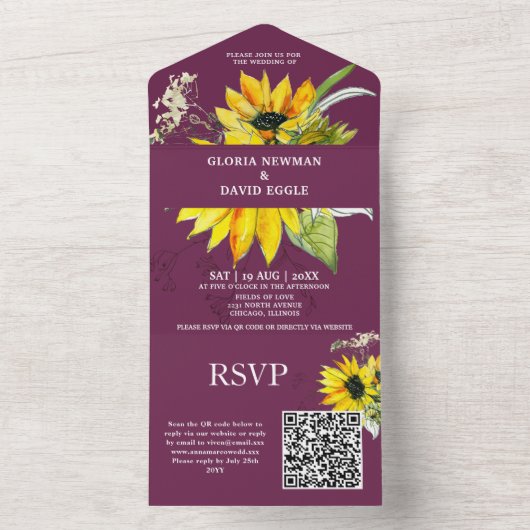 Purple Plum Sunflower QR Code All In One Uitnodiging (Binnen)