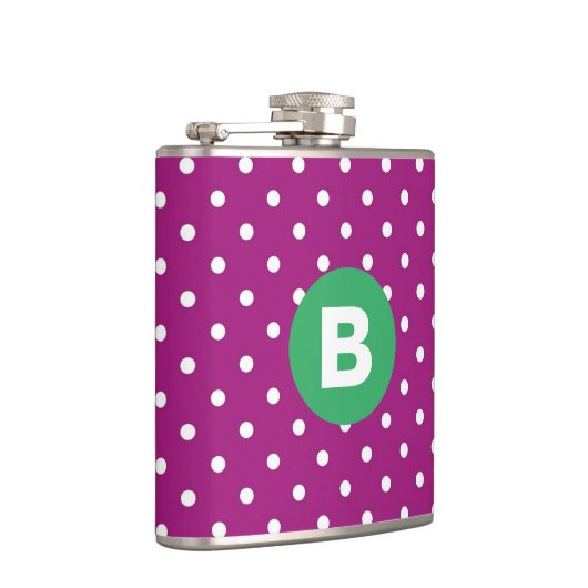 Purple Polka Dot Pattern Green Monogram Heupfles (Rechts)