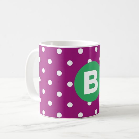 Purple Polka Dot Pattern Green Monogram Koffiemok (Voorkant links)