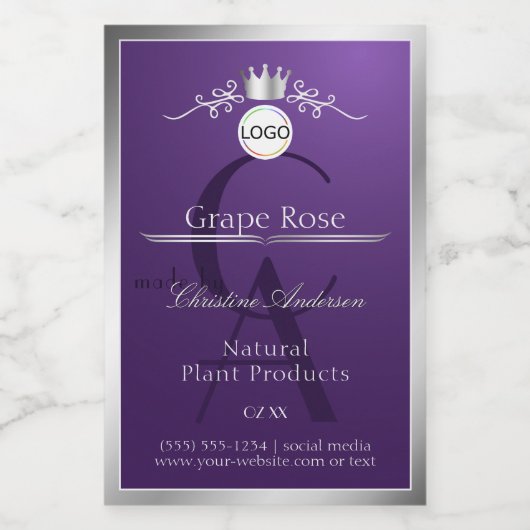 Purple Product Label Silver Frame Logo Monogram Voedselcontainer Etiket (Enkel label)