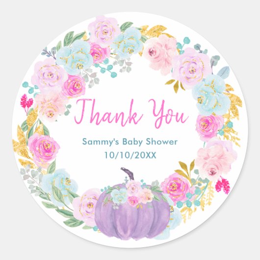 Purple Pumpkin Floral Wreath Baby Shower Thank You Ronde Sticker (Voorkant)