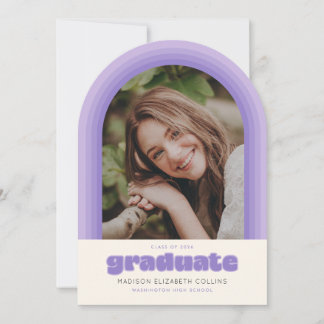Purple Retro Striped Arch Graduation Announcement Kaart