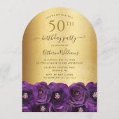 Purple Rose Floral Gold 50th Birthday Party Kaart (Voorkant)