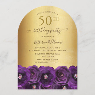 Purple Rose Floral Gold 50th Birthday Party Kaart