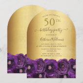 Purple Rose Floral Gold 50th Birthday Party Kaart (Voorkant / Achterkant)