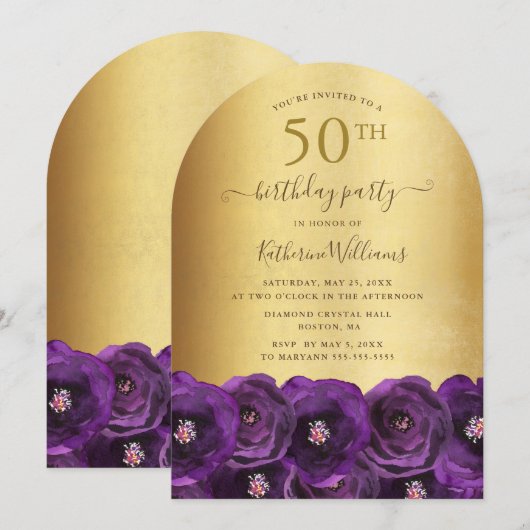 Purple Rose Floral Gold 50th Birthday Party Kaart (Voorkant / Achterkant)