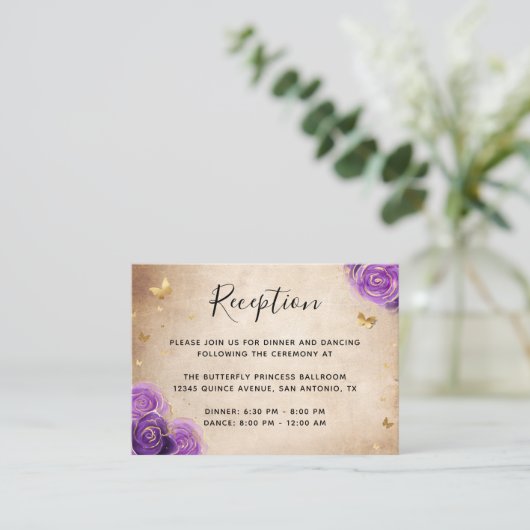 Purple Rose Gold Crown Elegant Details Informatiekaartje (Staand voorkant)