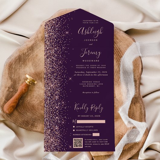 Purple Rose Gold Glitter QR Code Wedding All In One Uitnodiging