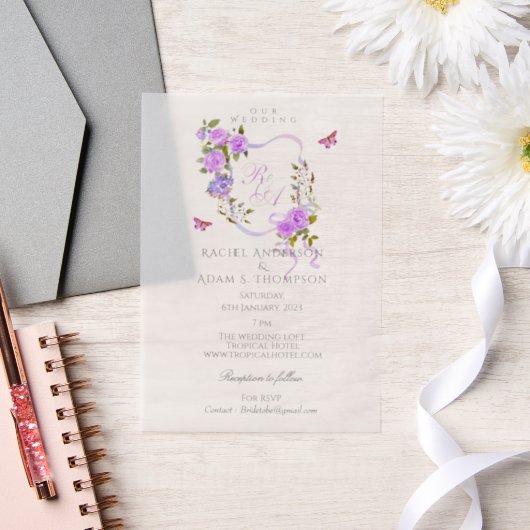 Purple Rose Ribbon Monogram Wedding  Invitation Vellum Uitnodigingen (Huwelijk)