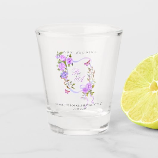 Purple Rose Ribbon Monogram Wedding Shot Glas (Voorkant)