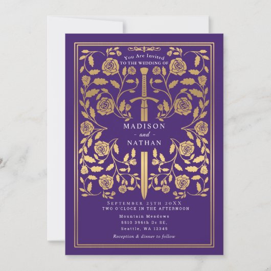 Purple Royal Medieval Gold Sword Wedding QR Code Kaart (Voorkant)