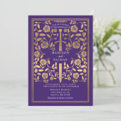 Purple Royal Medieval Gold Sword Wedding QR Code Kaart (Staand voorkant)