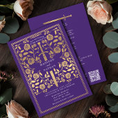 Purple Royal Medieval Gold Sword Wedding QR Code Kaart