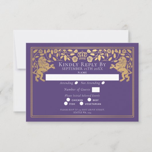 Purple Royal Medieval Lion Wedding RSVP Kaartje (Voorkant)