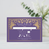 Purple Royal Medieval Lion Wedding RSVP Kaartje (Staand voorkant)