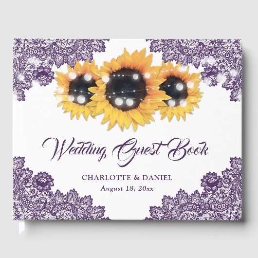 Purple Rustic Floral Lace Sunflower Wedding Gastenboek (Voorkant)