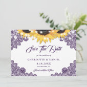 Purple Rustic Floral Lace Sunflower Wedding Save The Date (Staand voorkant)