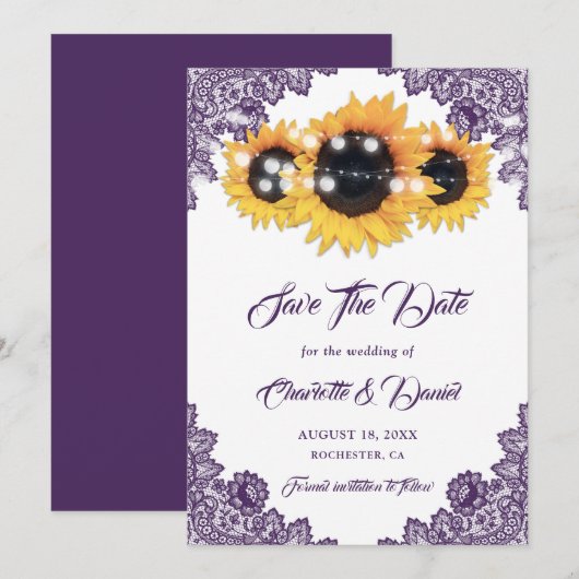 Purple Rustic Floral Lace Sunflower Wedding Save The Date (Voorkant / Achterkant)