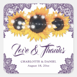 Purple Rustic Sunflower Wedding Thank You Vierkante Sticker