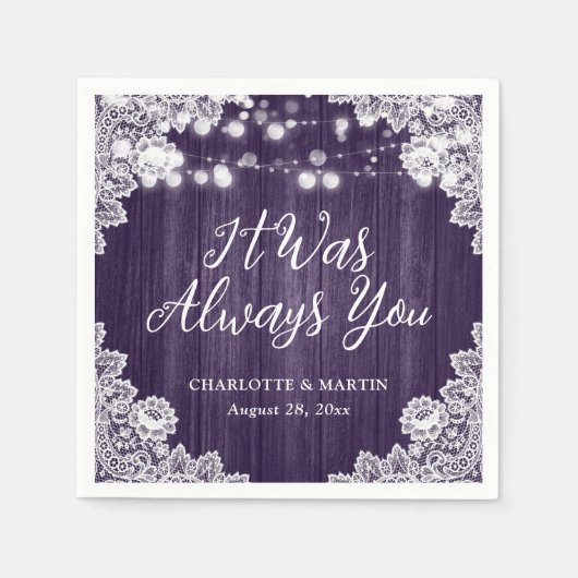 Purple Rustic Wood Floral Lace Wedding Servet (Voorkant)