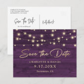 Purple Rustic Wood String Lights Wedding Aankondigingskaart (Voorkant / Achterkant)
