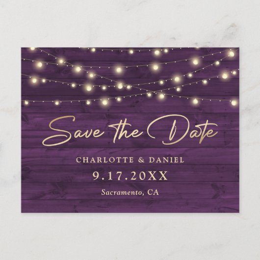 Purple Rustic Wood String Lights Wedding Aankondigingskaart (Voorkant)